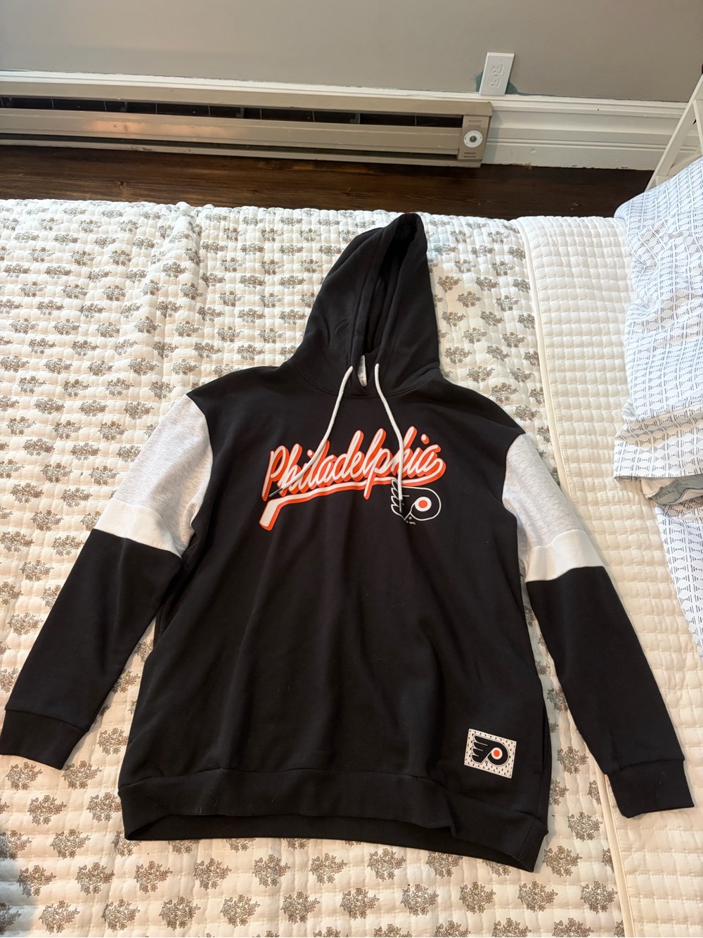 Philadelphia Script Logo Pullover Hoodie - Black with White Sleeves